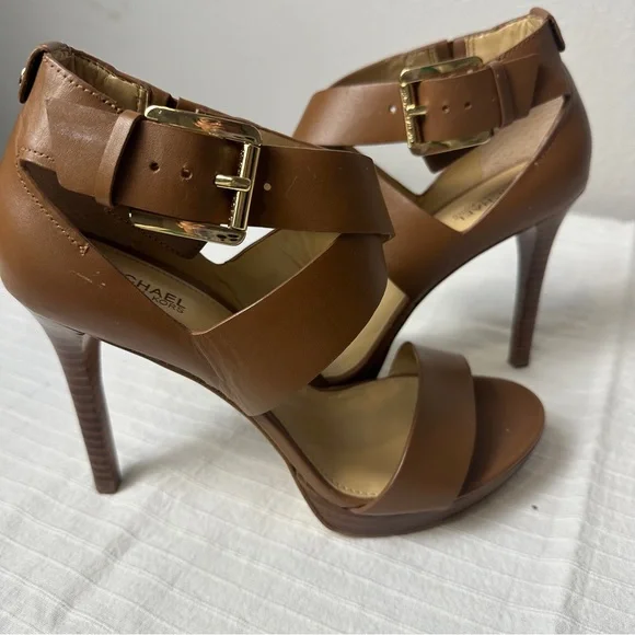 Michael Kors Brown Leather Strappy Stiletto Heels gold hardware - Picture 9 of 16